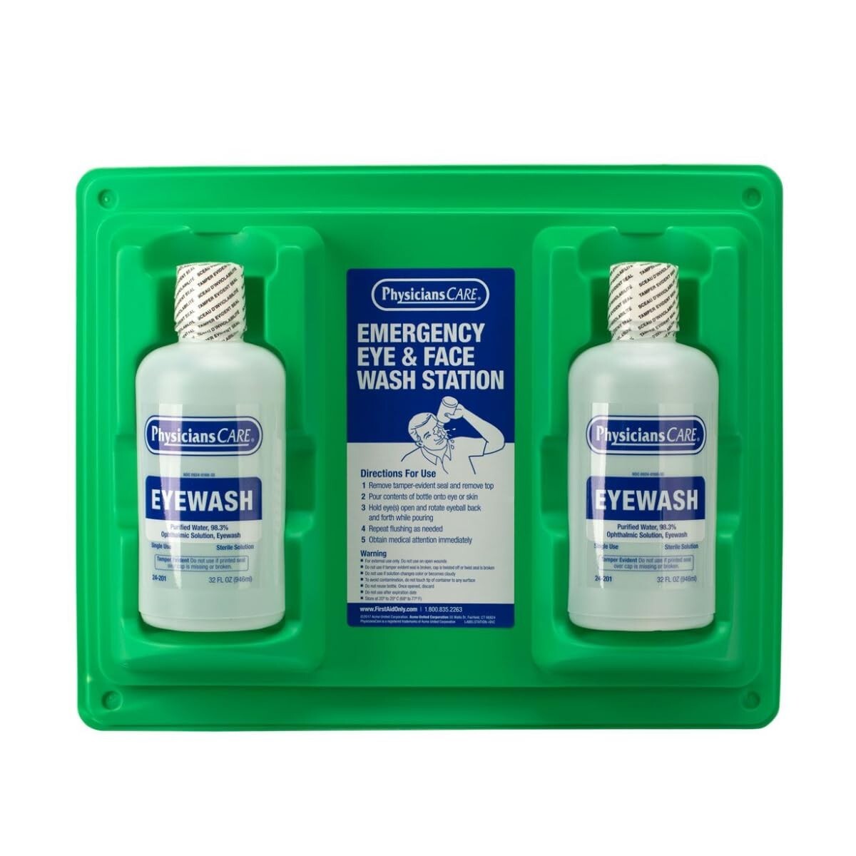 Safety Green Wall-Mountable Eyewash Station with Two 32 oz Eye Rinse Bottles