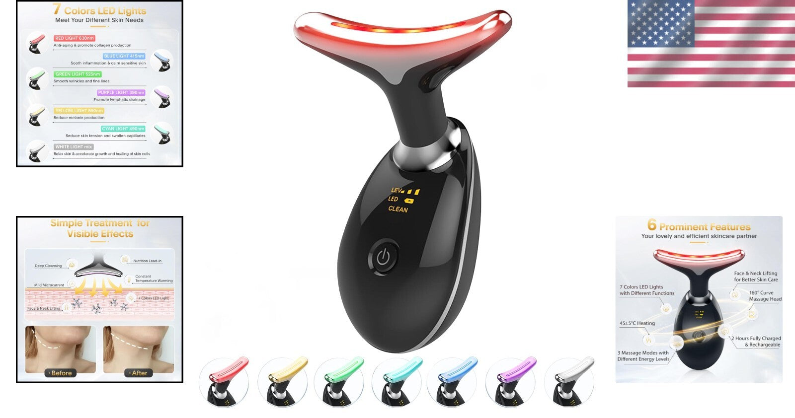 Multifunctional Skin Care Device with 7 LED Modes - Glossy Black Massager