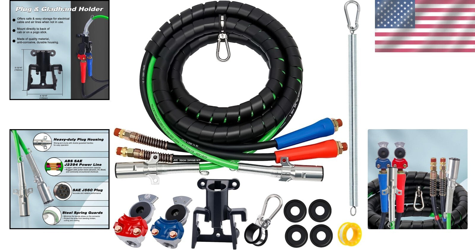15FT Semi Truck Air Brake & Trailer Cord Kit with Corrosion-Resistant Materials