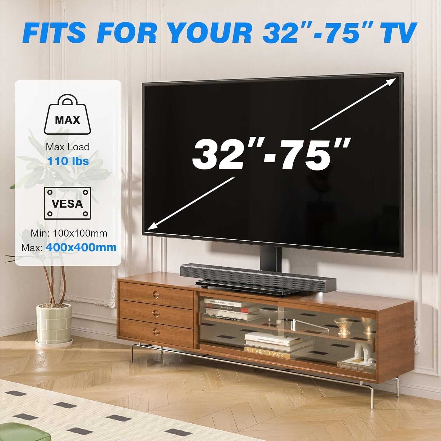 Elegant Universal TV Stand with Swivel Mount for 32-75 Inch TVs - Tempered Glass