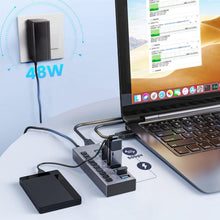 Load image into Gallery viewer, Aluminum 10-Port USB 3.0 Splitter with Surge Protection &amp; 5Gbps Transfer Speed