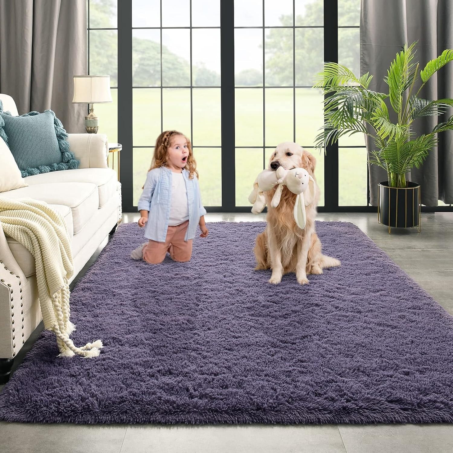 Fluffy 10x12 Gray Purple Area Rug - Non-Slip Carpet for Living Room & Bedroom