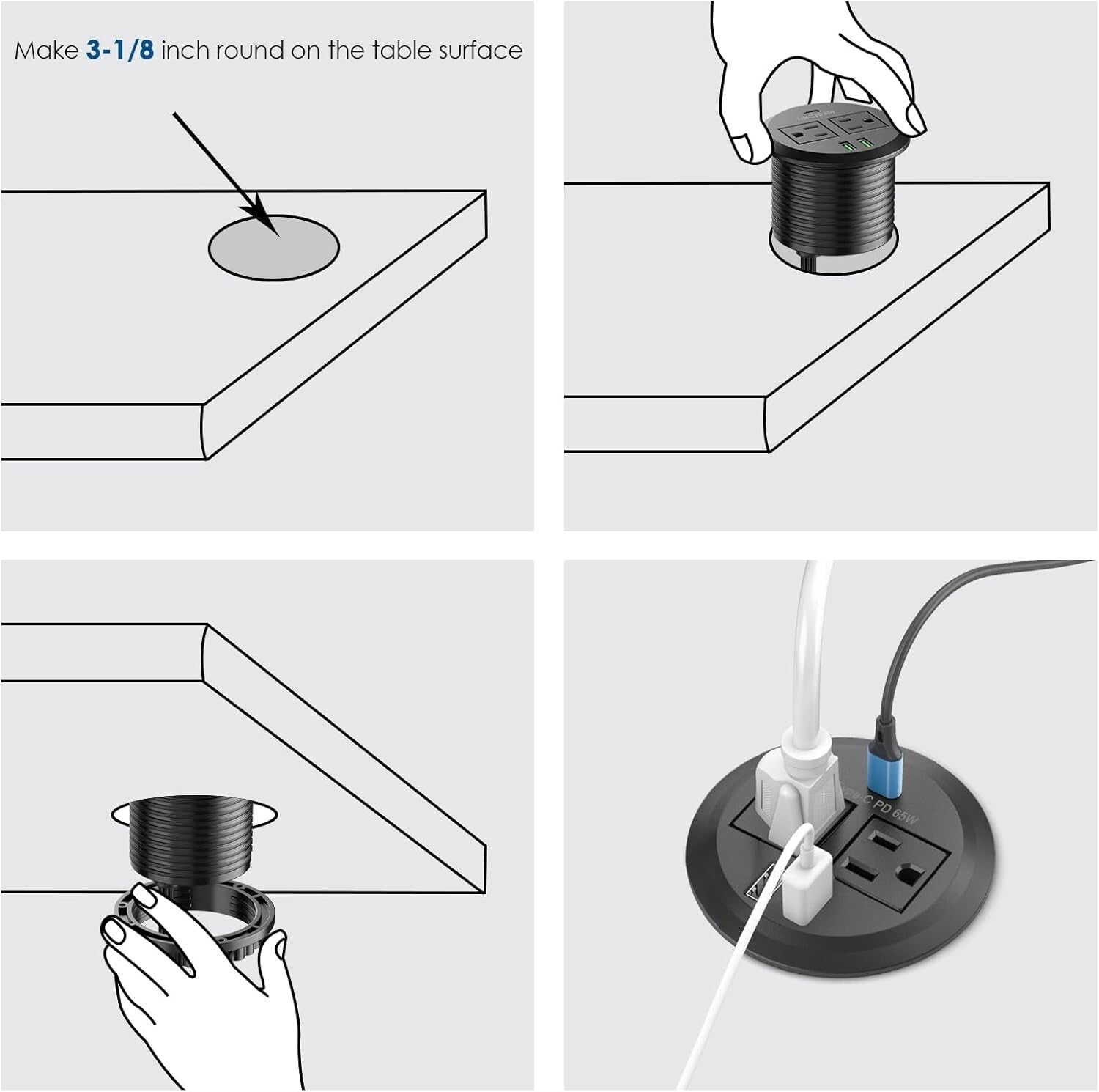 High-Speed Charging Desktop Grommet with 2 Outlets & 3 USB Ports - Easy Install