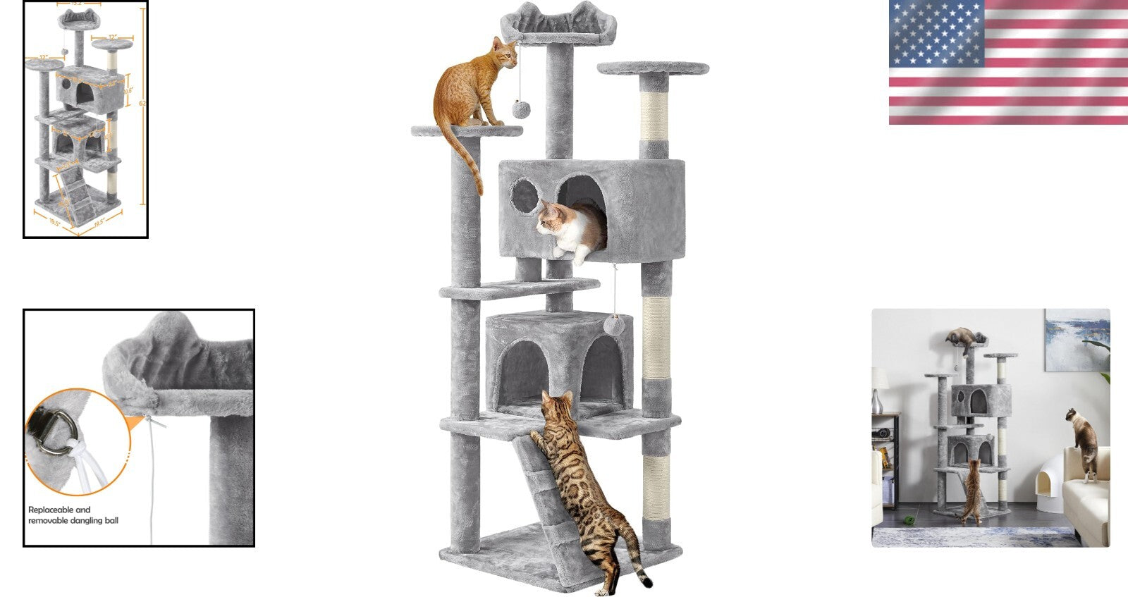 Light Gray Cat Condo with Three Platforms & Scratching Posts - Easy Assembly
