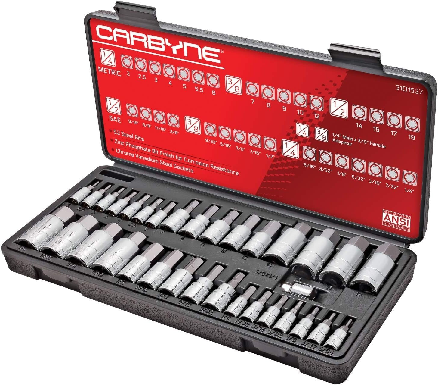 33-Piece Hex Socket Set with Chrome Vanadium and S2 Alloy Steel Construction