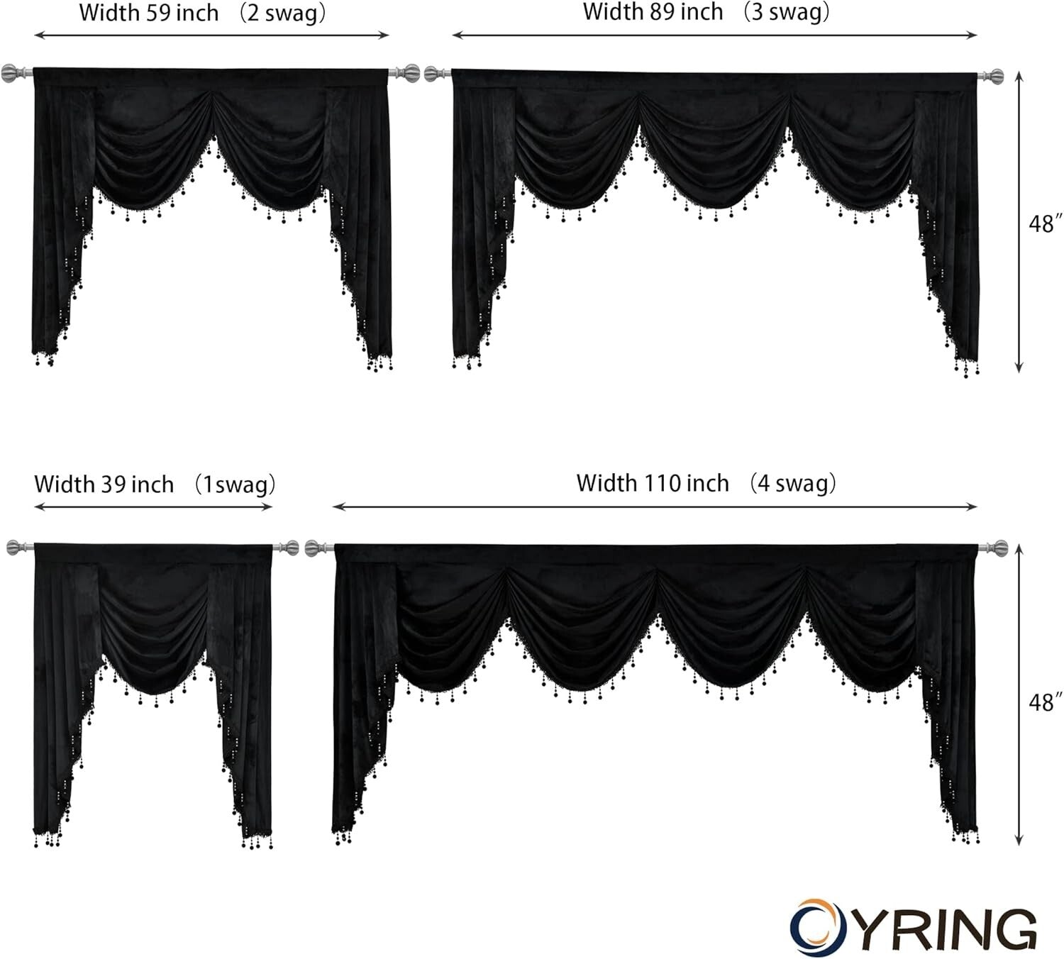 Elegant Black Velvet Rod Pocket Valance, 39" x 48" - Luxurious Window Treatment