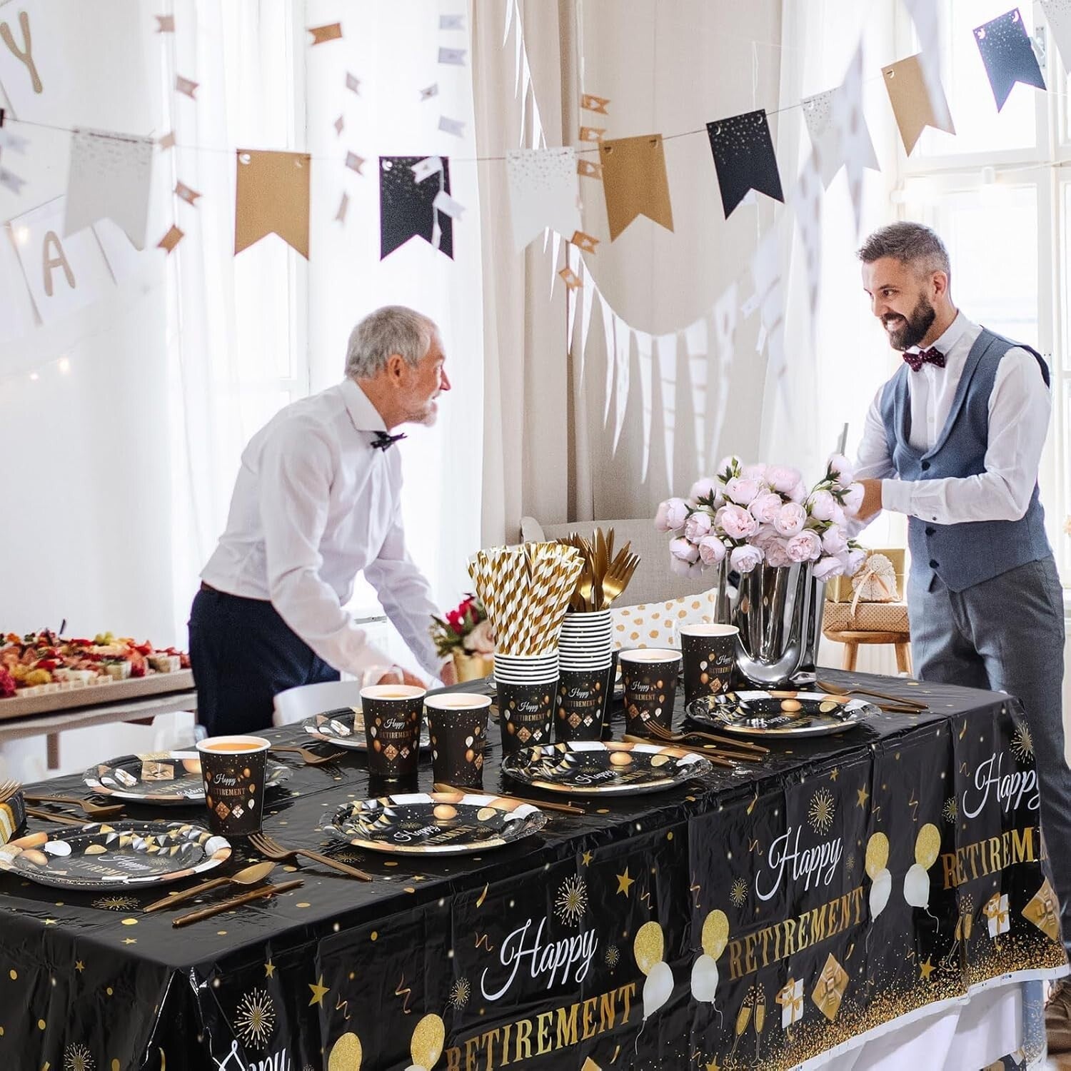 Complete 452-Pc Retirement Party Decoration Set: Elegant Black Gold Tableware