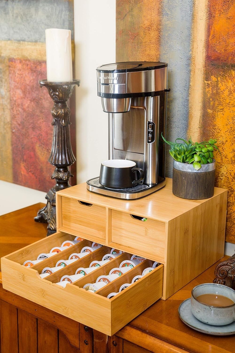 Elegant Extra Large Bamboo Coffee Pod Organizer with Sliding Drawers - 2 Tiers