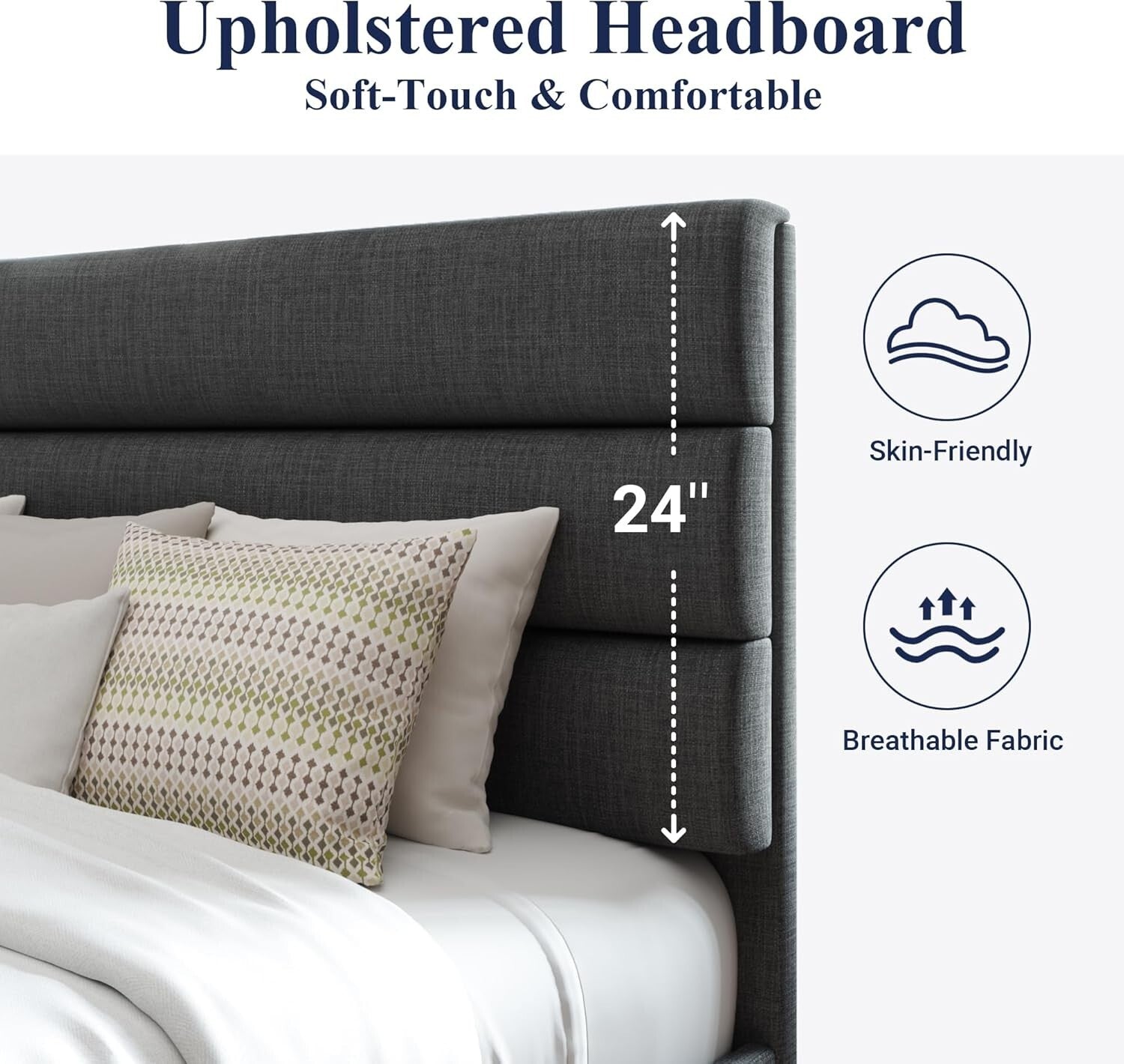 Minimalist Full Size Platform Bed Frame with Upholstered Headboard in Dark Grey