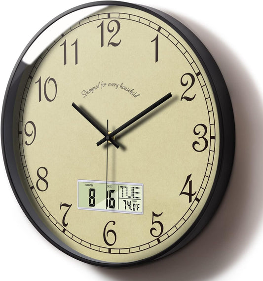 Modern 12 Inch Indoor Digital Wall Clock - Temperature & Date, Beige Color
