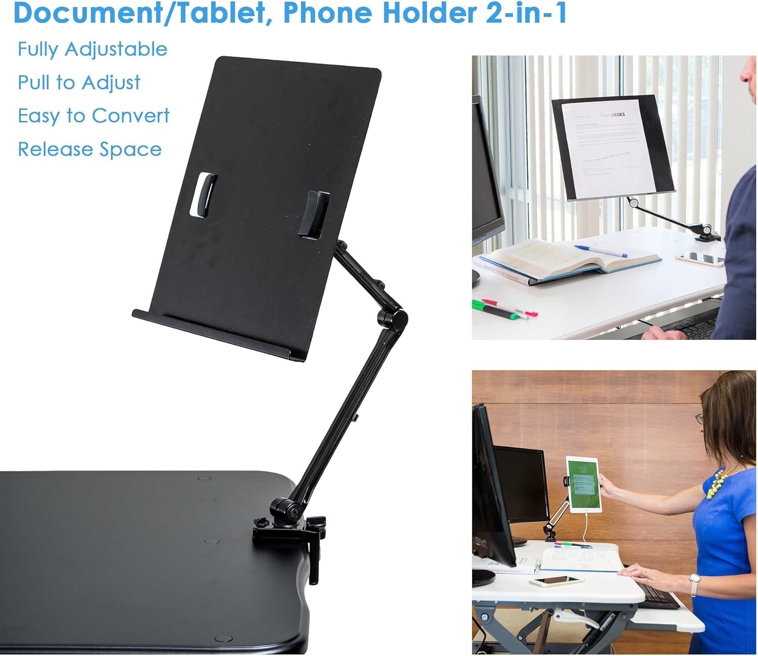 Full Motion Black Document and Tablet Holder - Adjustable & Space-Saving Design