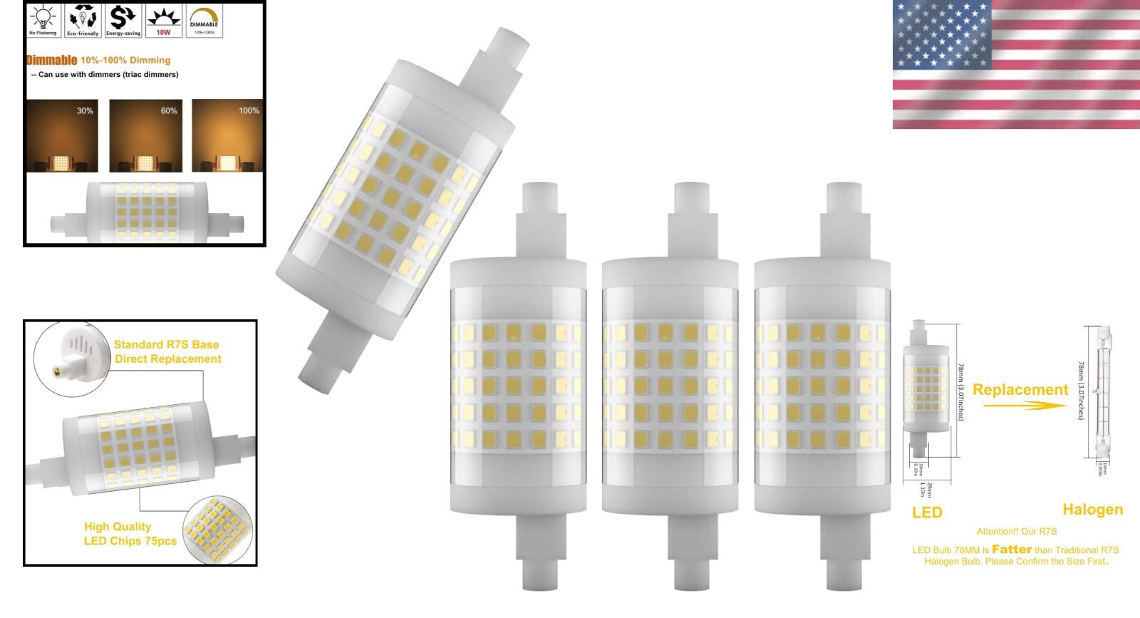 Dimmable R7S LED Bulb 78MM, 10W Warm White 3000K - 100W Halogen Replacement -...