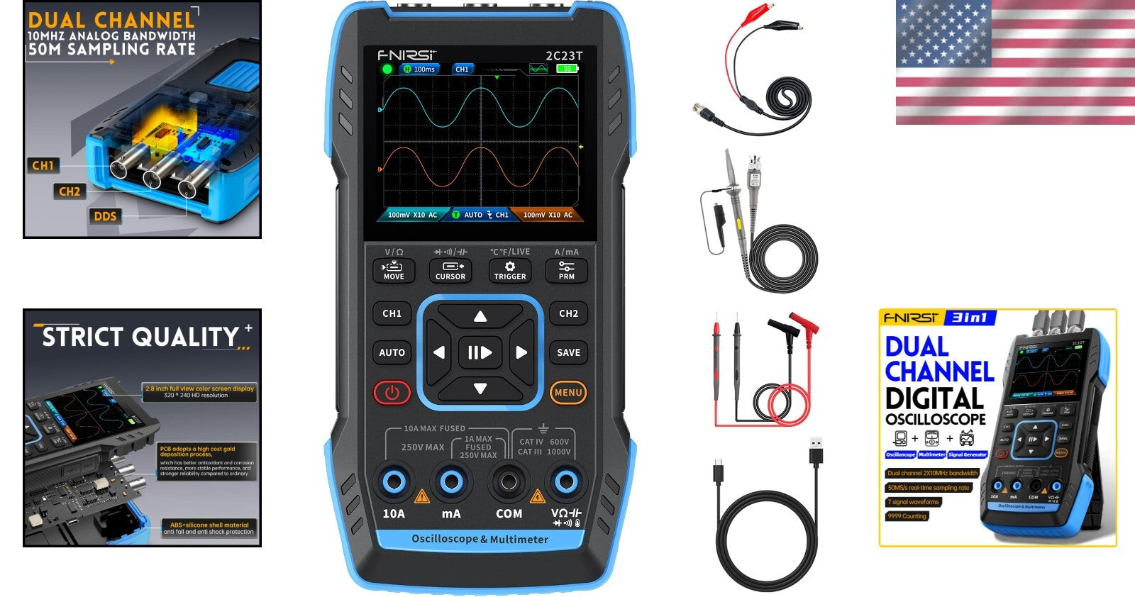 3-in-1 Handheld Oscilloscope & Multimeter with 10MHz Bandwidth - 2 Channels
