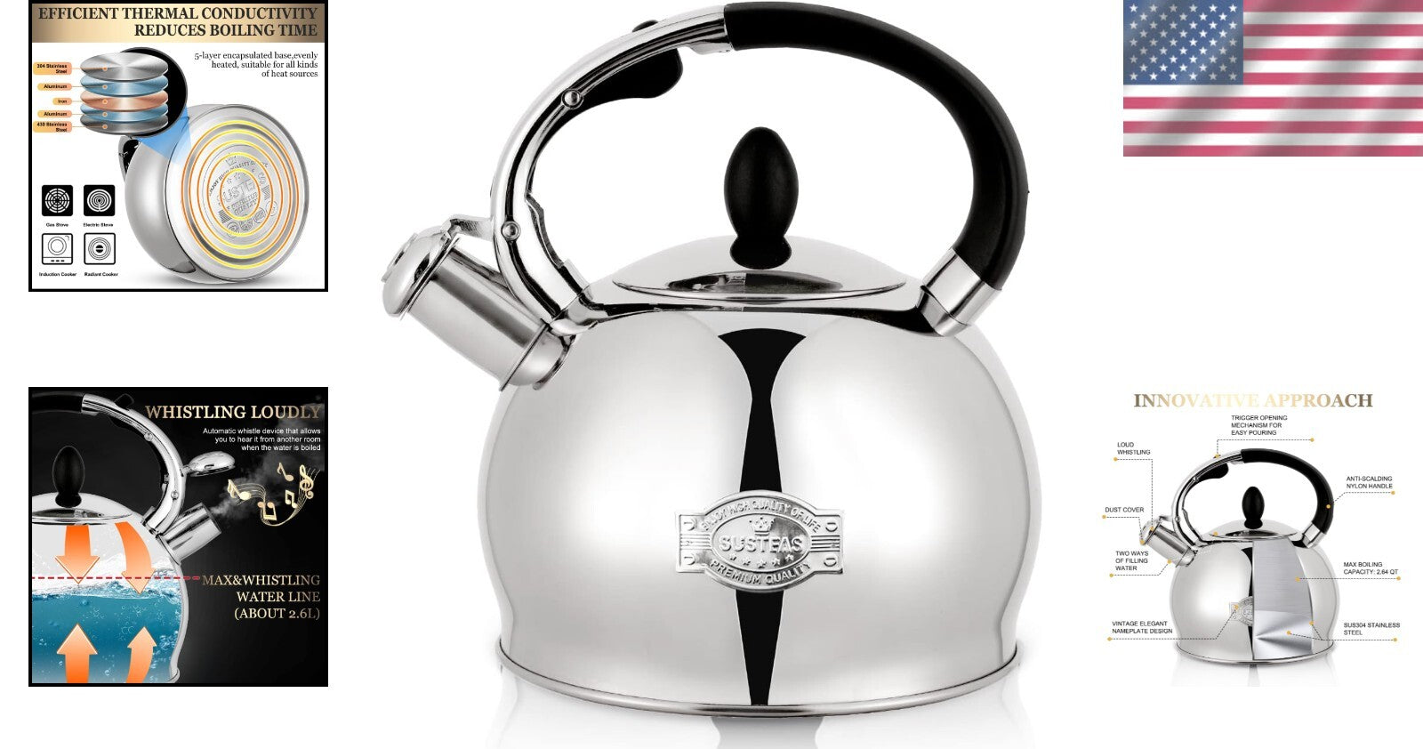 Elegant 2.64 Qt Whistling Stove Top Kettle with Anti-Scald Mitt for Safe Pouring