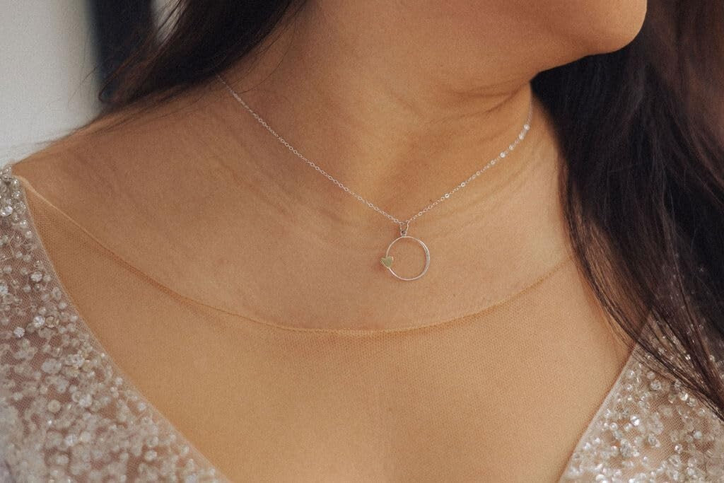 Handmade Silver Circle Charm Necklace with Bronze Heart – Perfect Gift for Da...