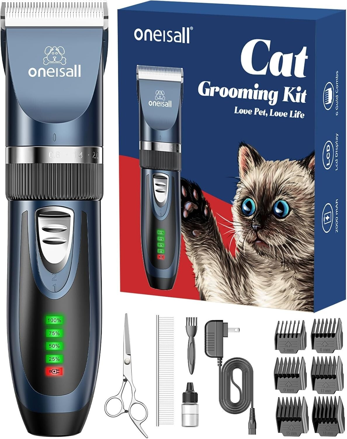 Rechargeable Cat Grooming Clippers with LCD & Accessories - Pet Care Kit in Blue
