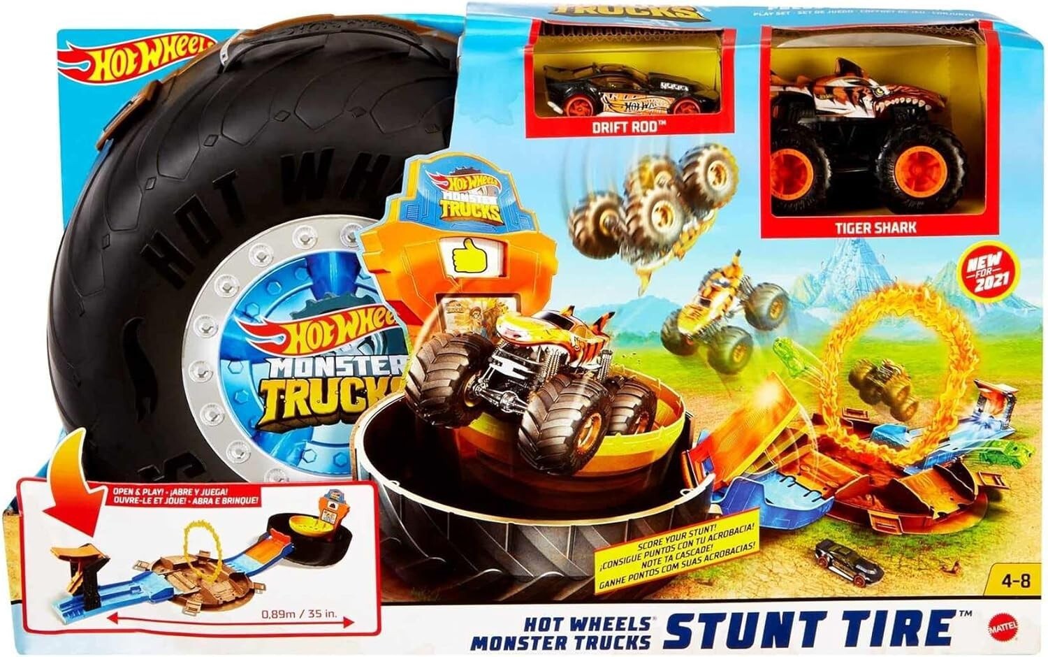 5-in-1 Monster Trucks Tire Arena - Launcher, Stunt Flip, 2 Mini Cars Included
