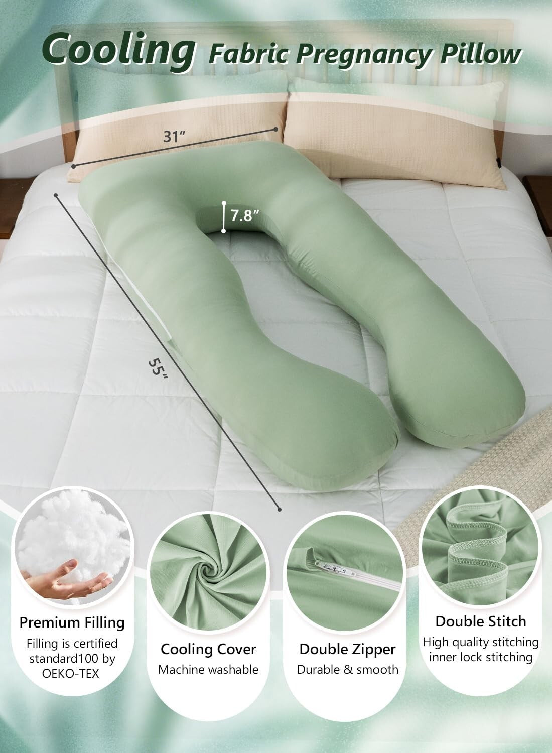 55-Inch U-Shaped Pregnancy Pillow with Soft Cooling Cover for Maternity Needs