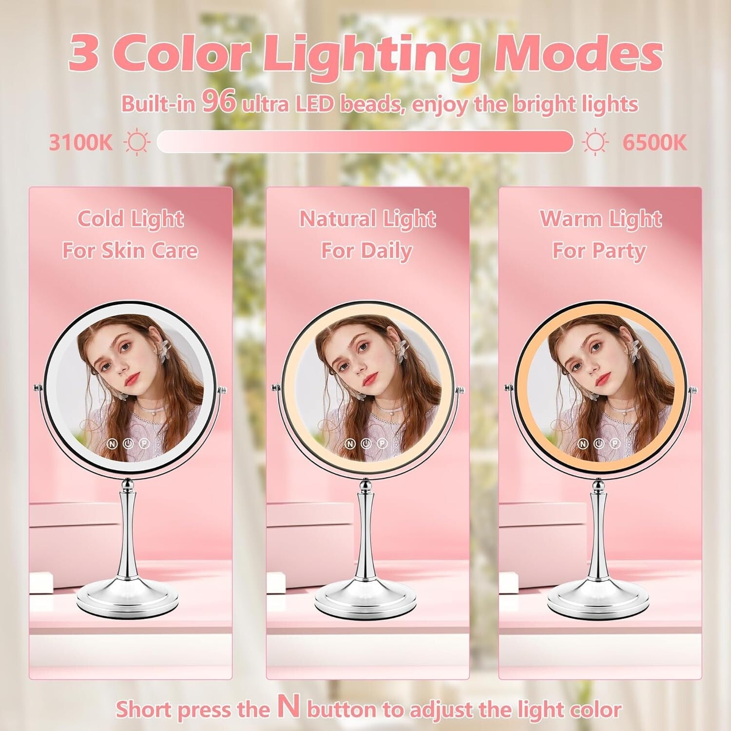 10" LED Lighted Makeup Mirror with 1X/10X Dual Magnification - Silver Elegance
