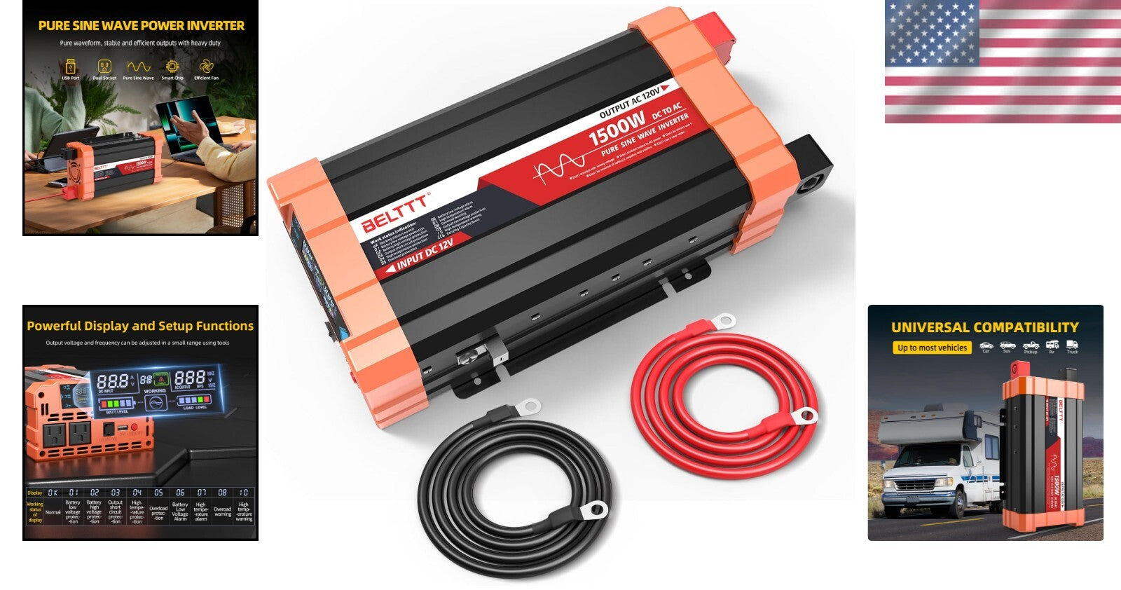 Efficient 1500W DC to AC Inverter with Dual Sockets & USB - Perfect for Camping