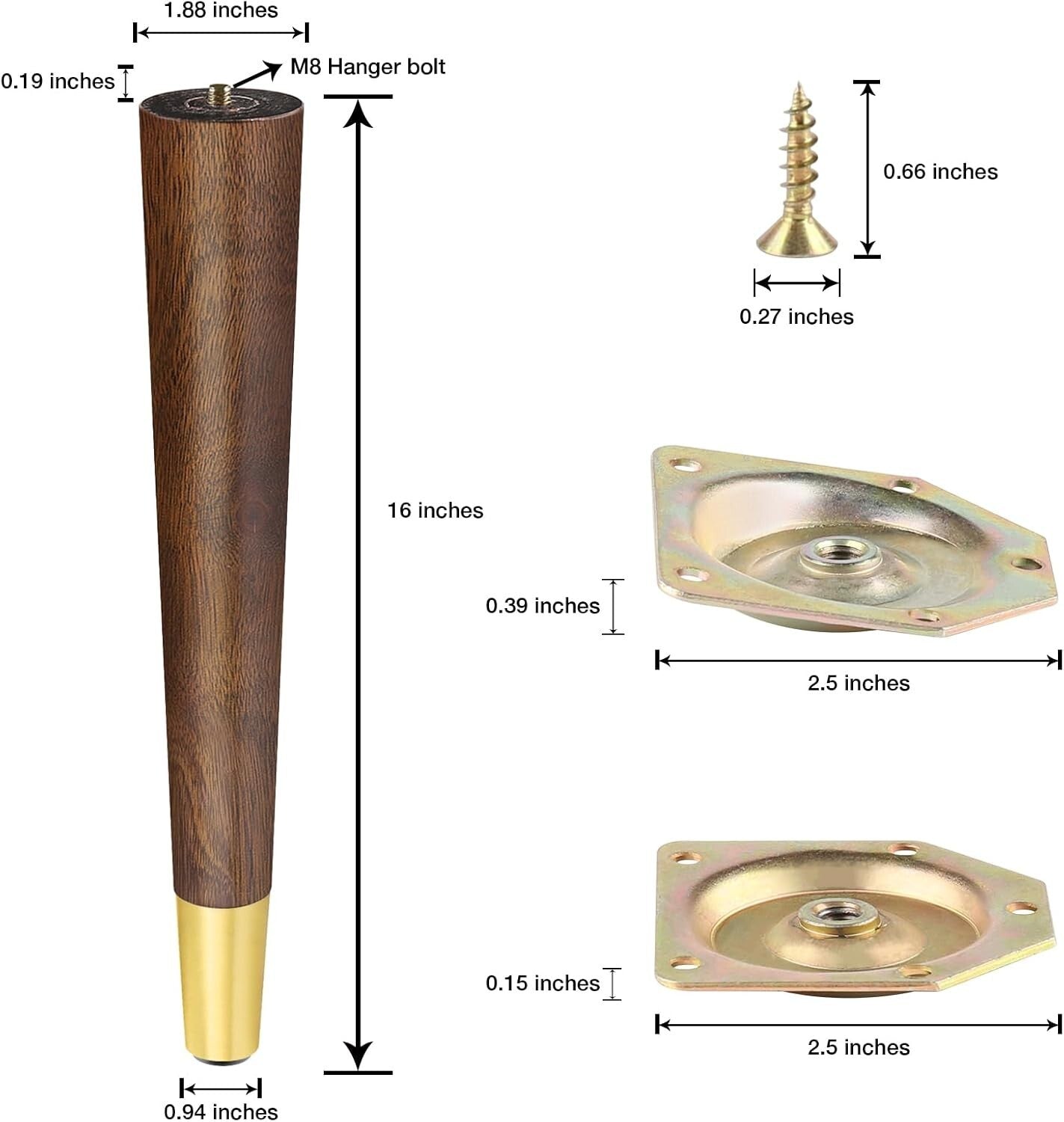 Elegant Walnut Coffee Table Legs - Mid-Century Modern Furniture Feet 16"