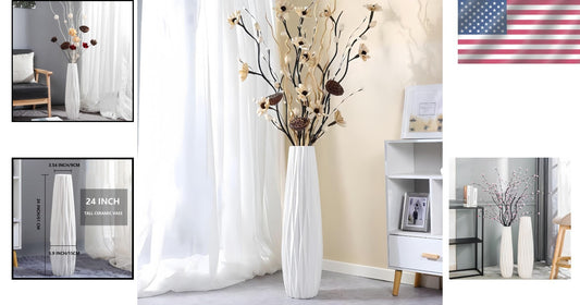 Durable 24-Inch White Ceramic Vase with Floral Pattern - Modern Home Centerpiece