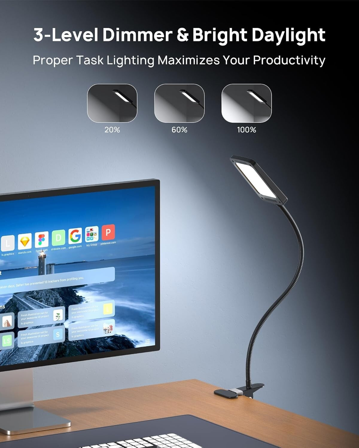 Flexible LED Desk Lamp with Strong Clamp - 3-Level Dimming for Home & Office Use