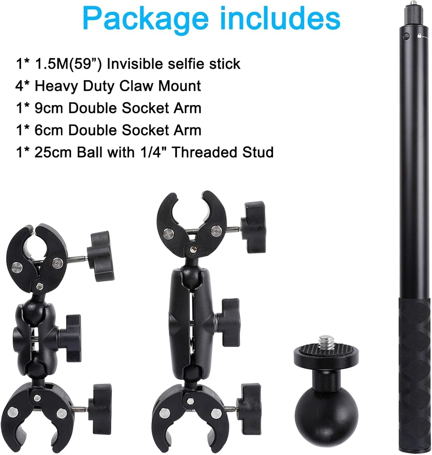 Adjustable Insta360 Motorcycle Mount Kit with 155cm Selfie Stick & Accessories