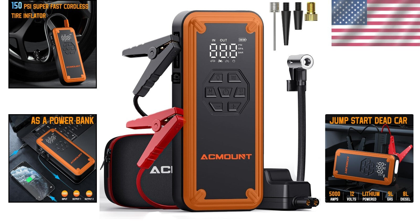 5000A Portable Jump Starter and Tire Inflator with LCD Display & Accessories