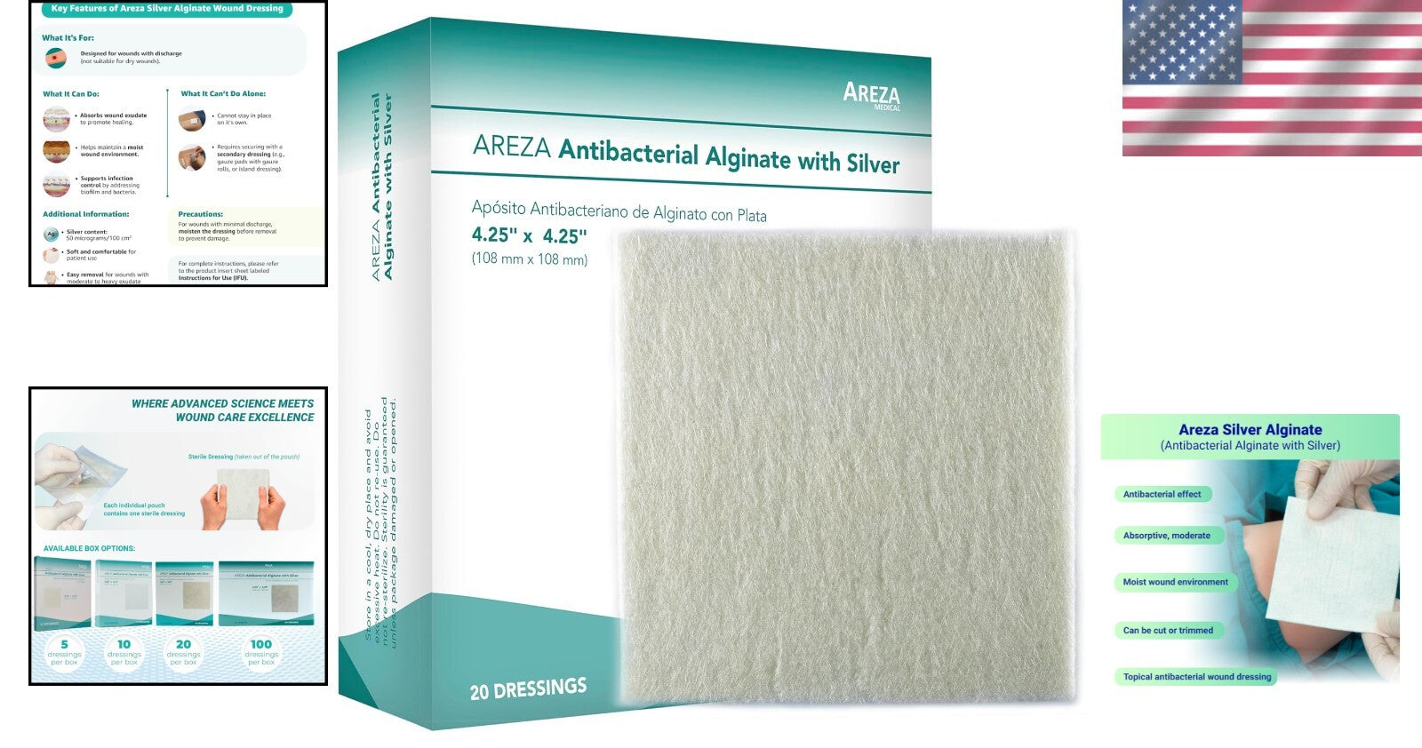 Individually Packaged Silver Alginate Wound Dressings - 20 Count, 4.25" x 4.25"
