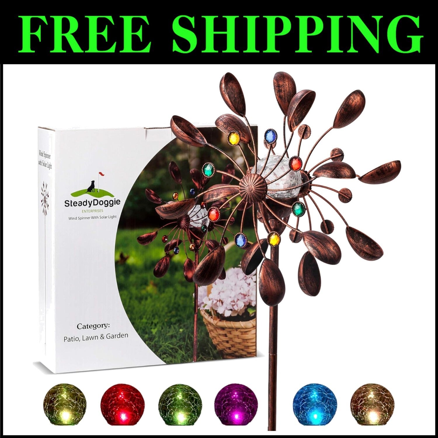 Bronze Solar Wind Spinner - 75-Inch Kinetic Sculpture with Color-Changing LED