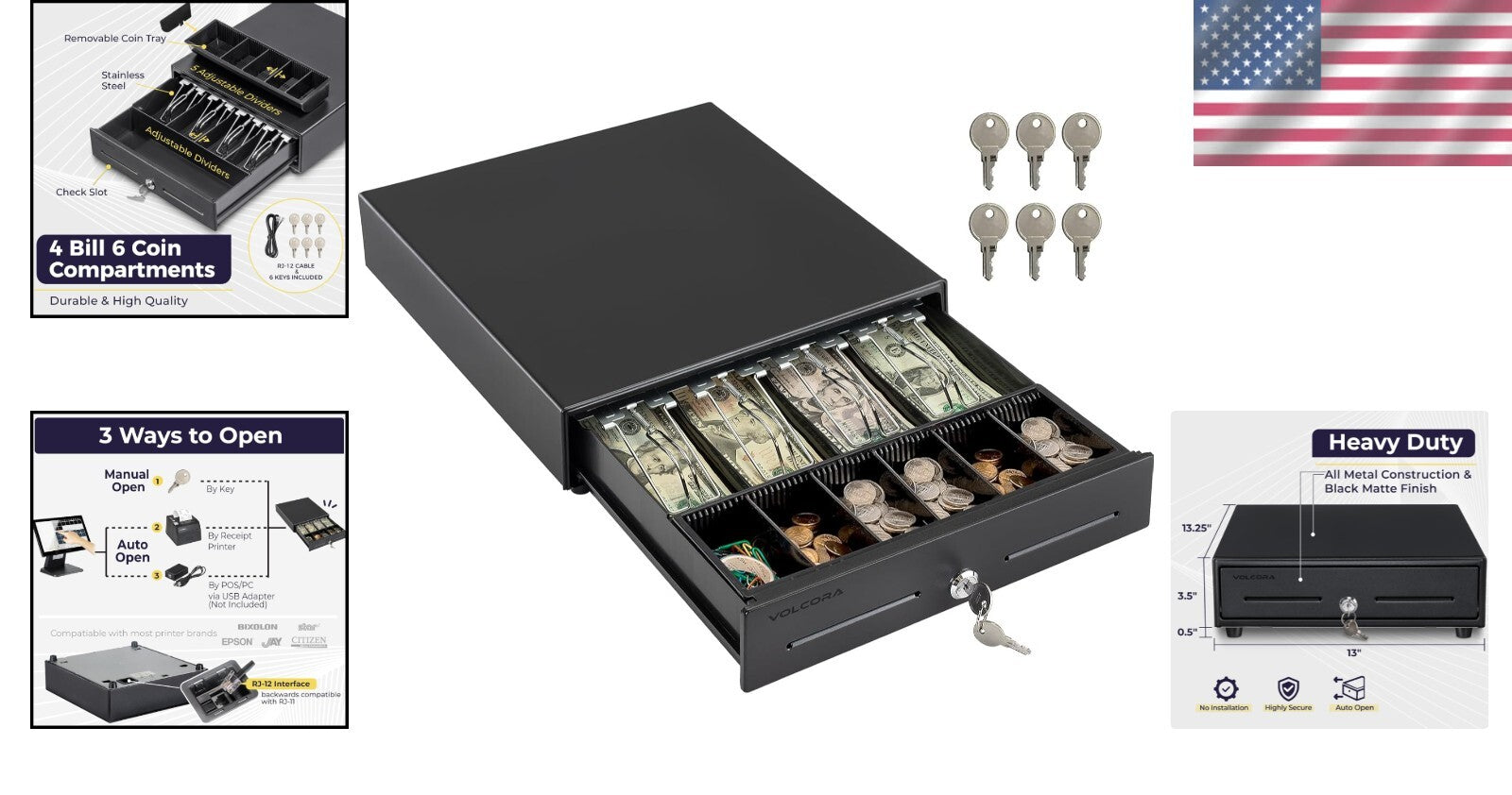 Versatile 13" POS Cash Drawer - 24V, Key-Lock, Ideal for Small Businesses