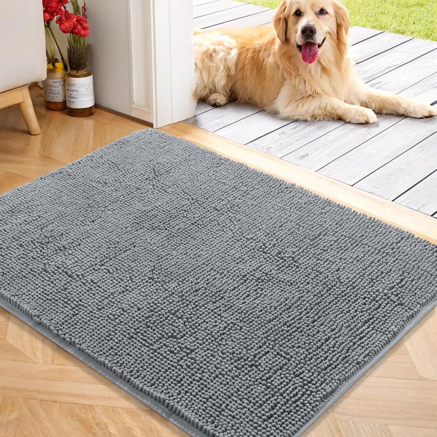 Indoor Entryway Dog Mat 40x32 - Soft Chenille, Dirt-Trapping, Grey Design
