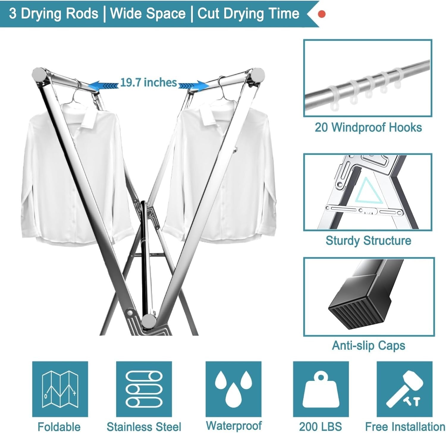 Collapsible 79" Clothes Drying Rack with 20 Hooks - Lightweight & Portable