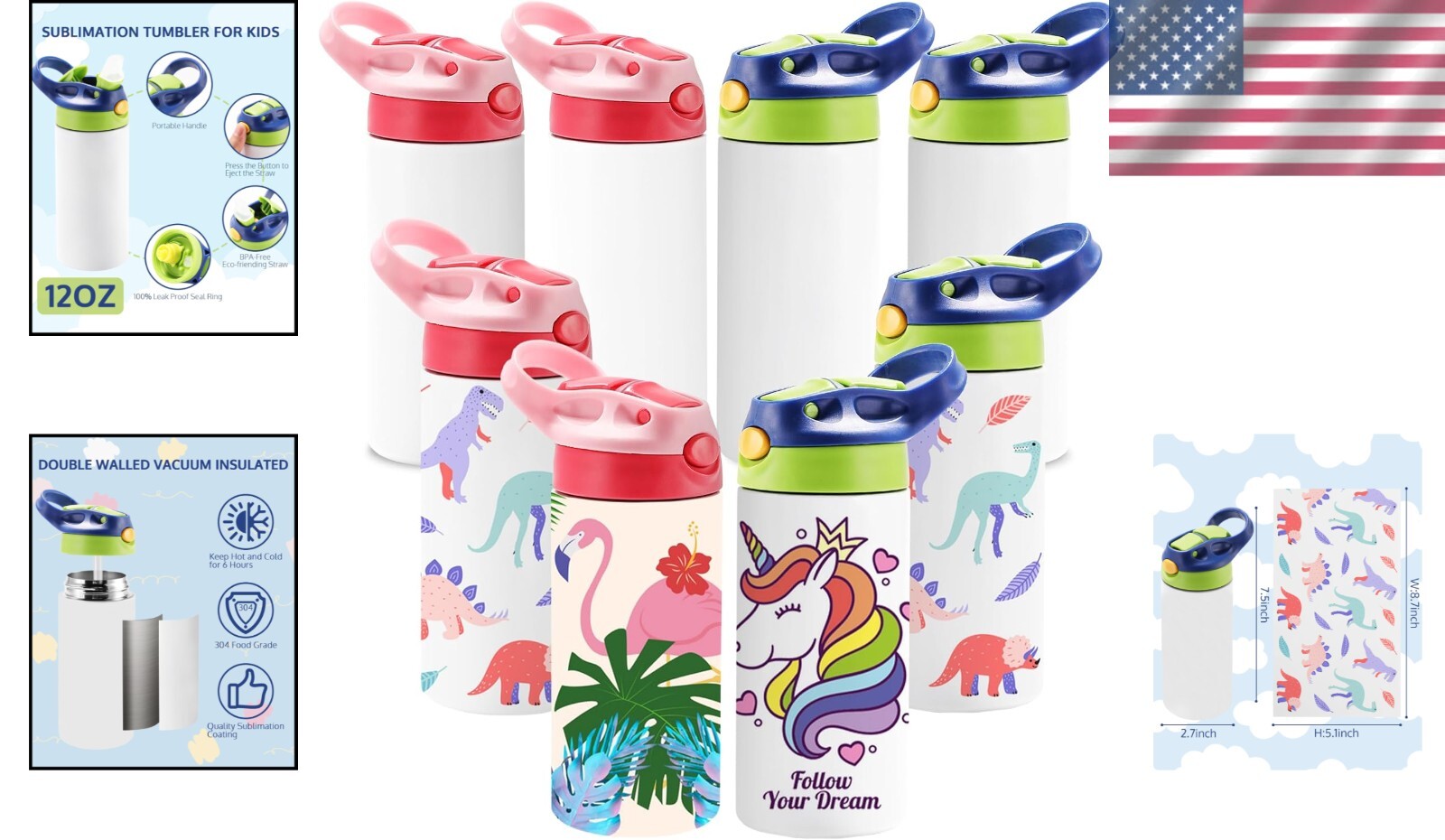 8 Pack 12oz Kids Sublimation Tumblers with Straws - Safe & Stylish Drinkware