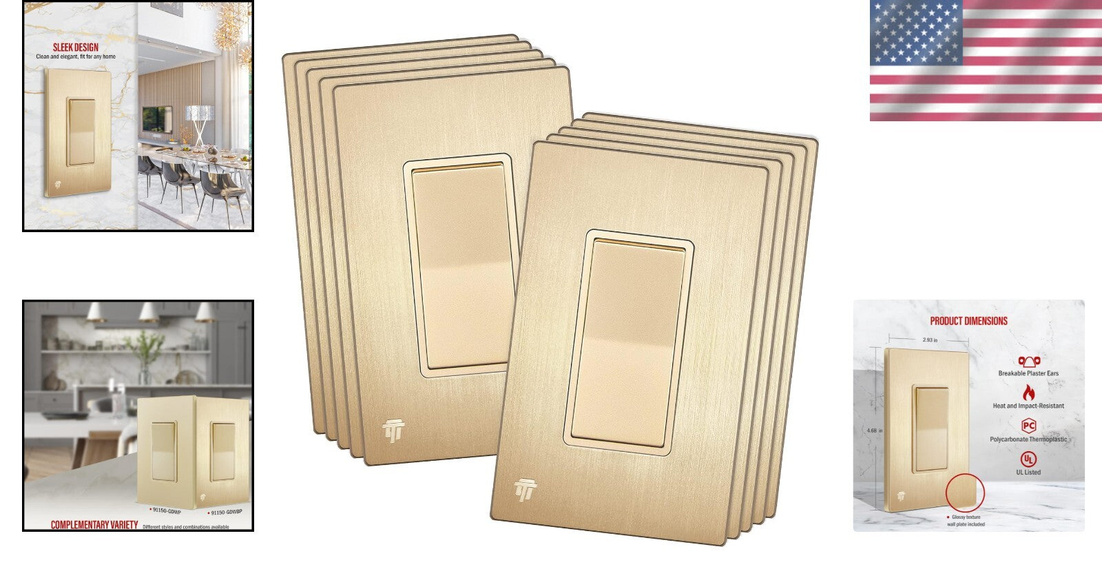 Versatile Gold Decorator Light Switch 15A 10 Pack - Ideal for Home & Commercial