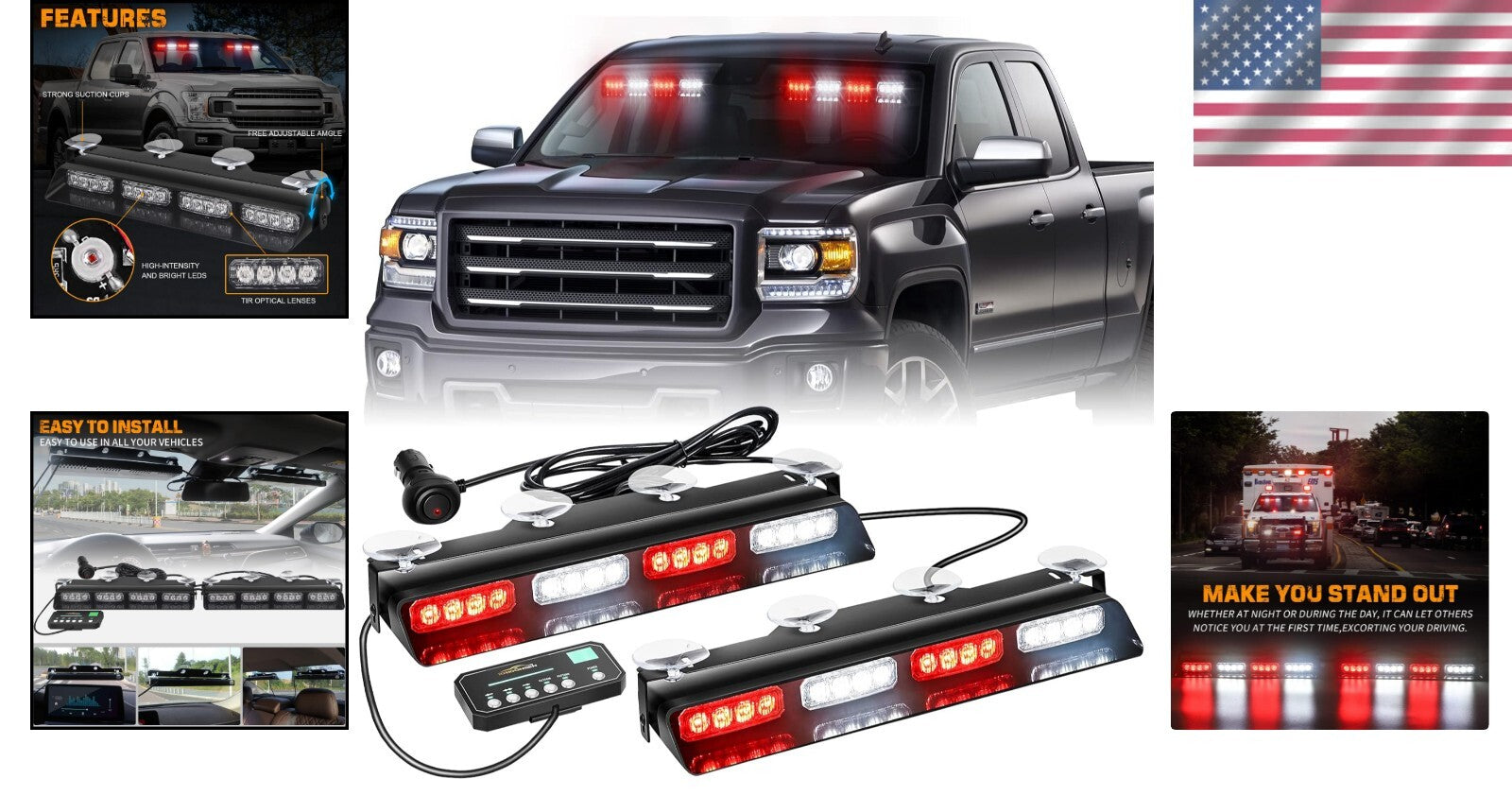 Durable Emergency Vehicle Strobe Lights with 26 Flashing Patterns - Red/White