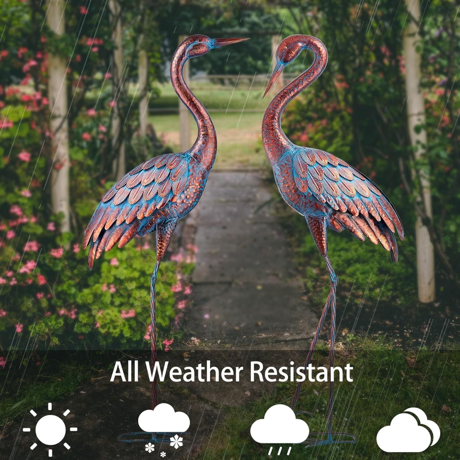 Lifelike Patina Metal Crane Sculpture Set - 47-48 Inch Yard Art Collection