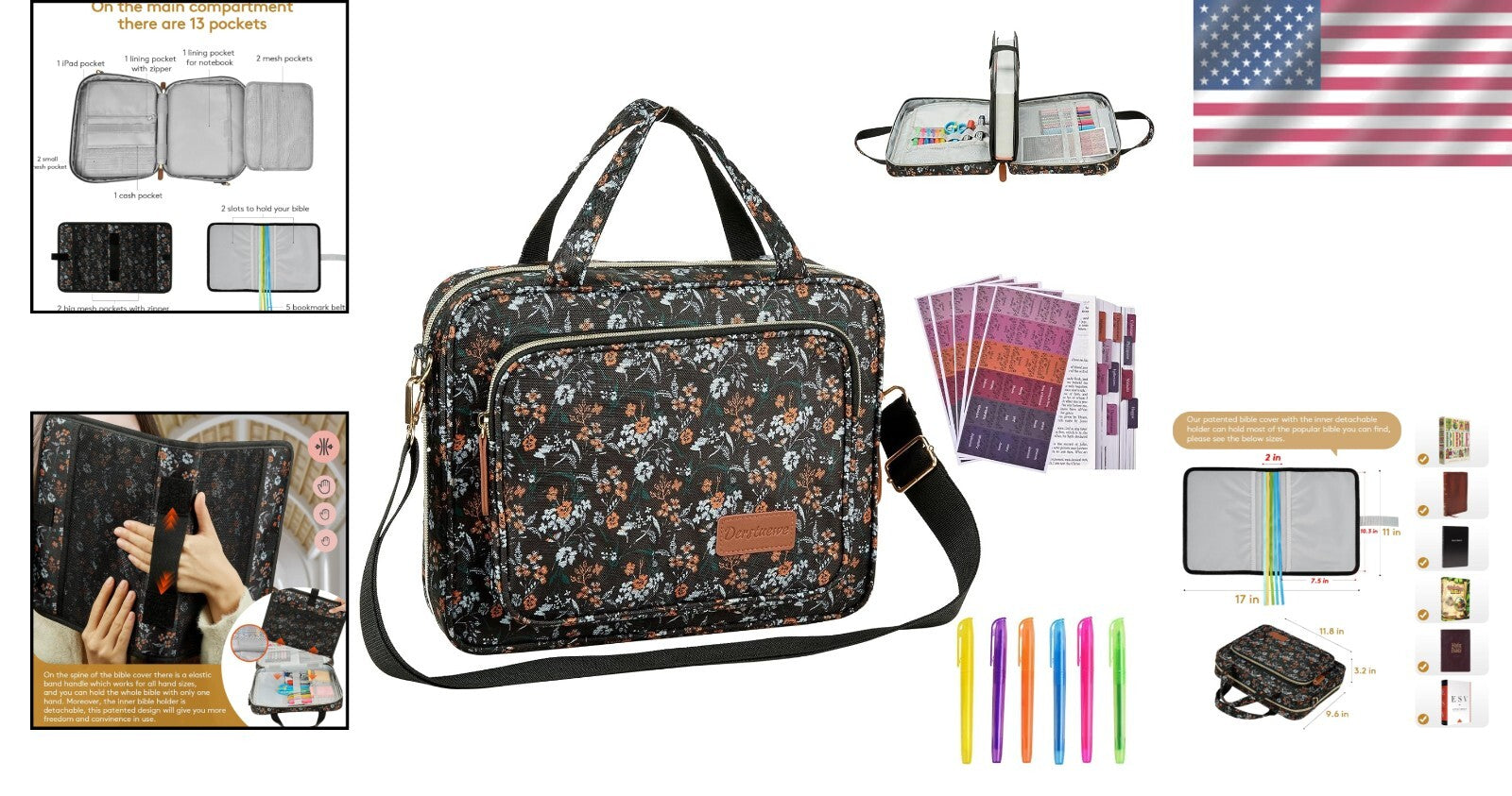 Black Flower Design Bible Cover for Women - Stylish Tote & Organizational Bag