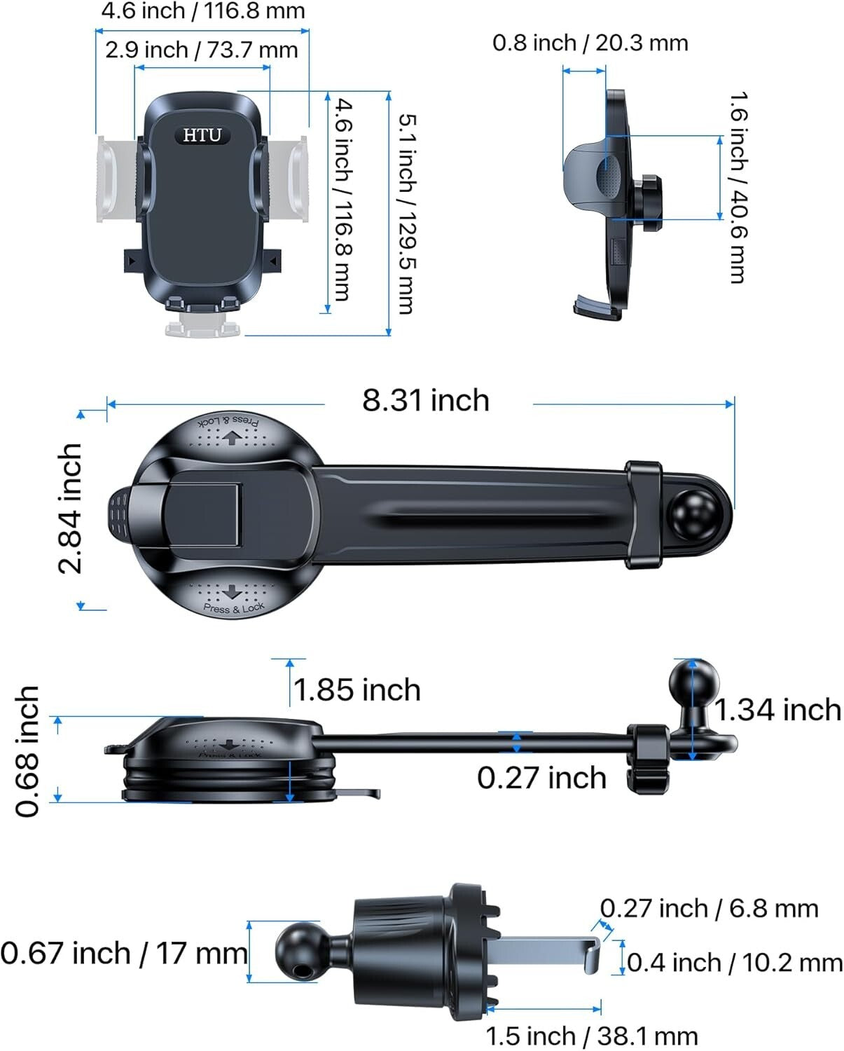 4-in-1 Universal Car Phone Mount - Suction Cup & Vent Clip for Optimal Stability