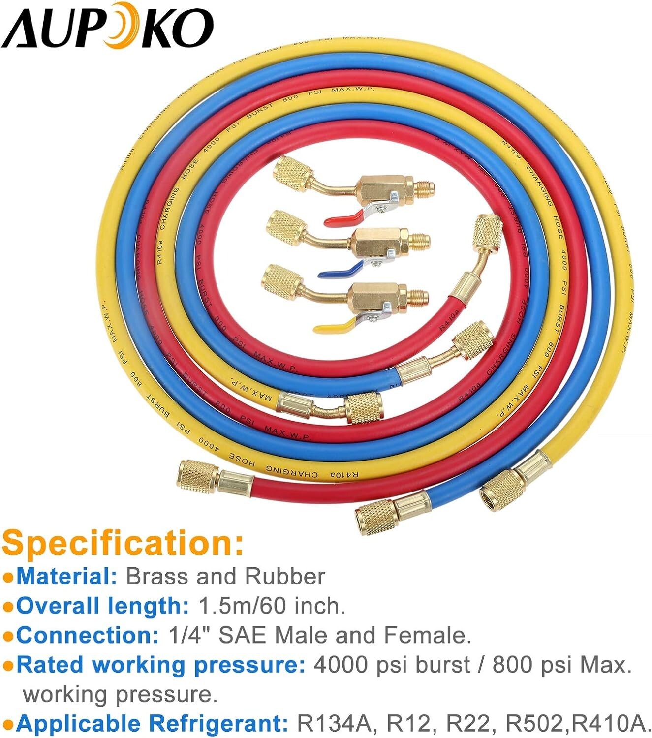 60-Inch Durable R410A Refrigerant Charging Hose Kit with High Pressure Safety