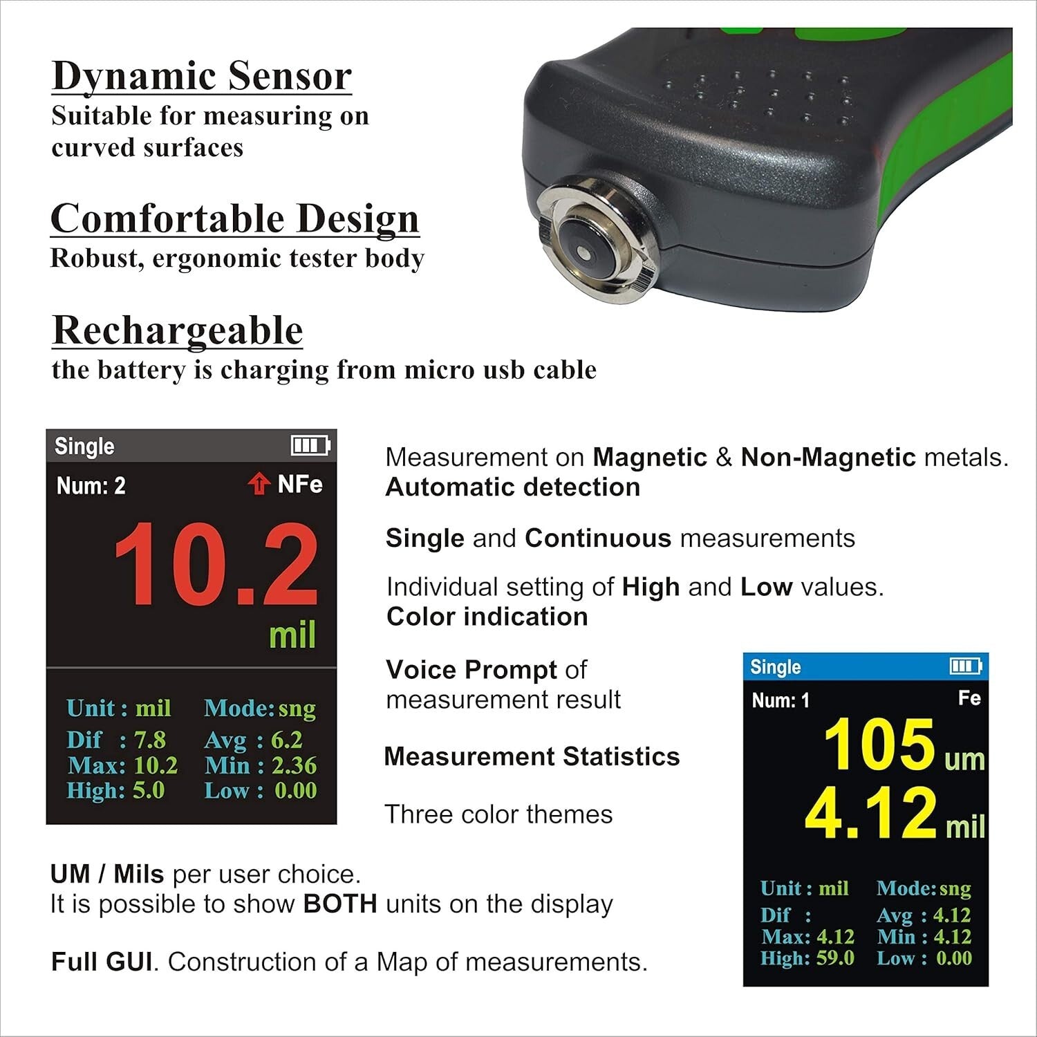 Digital Coating Thickness Gauge - Precision Paint Depth Meter with USB Recharge