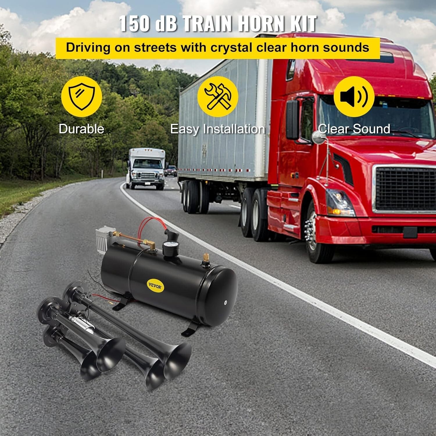 Compact Train Horn System for Trucks & Cars - 4 Trumpets with 20 PSI Compressor