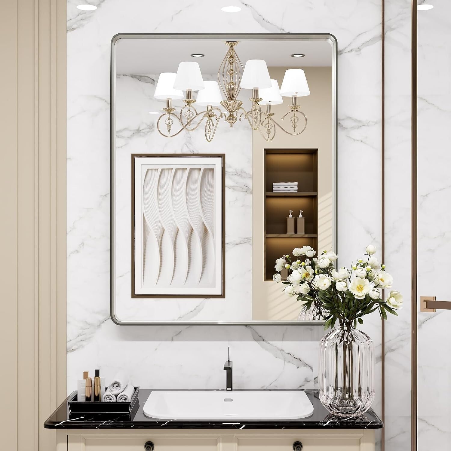 Elegant 28" x 36" Brushed Nickel Bathroom Mirror - Anti-Rust & Distortion-Free