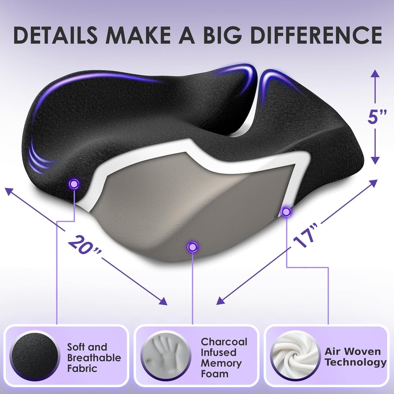 30% Larger Office Chair Cushion - Portable Memory Foam for Pain Relief & Comfort