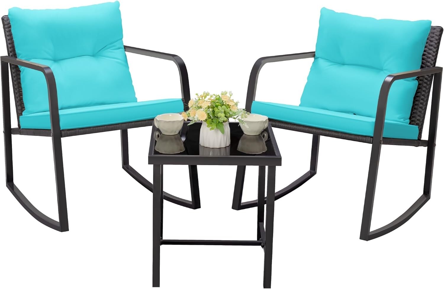 Durable Patio 3-Piece Rocking Wicker Set with Glass Table - Blue Elegance