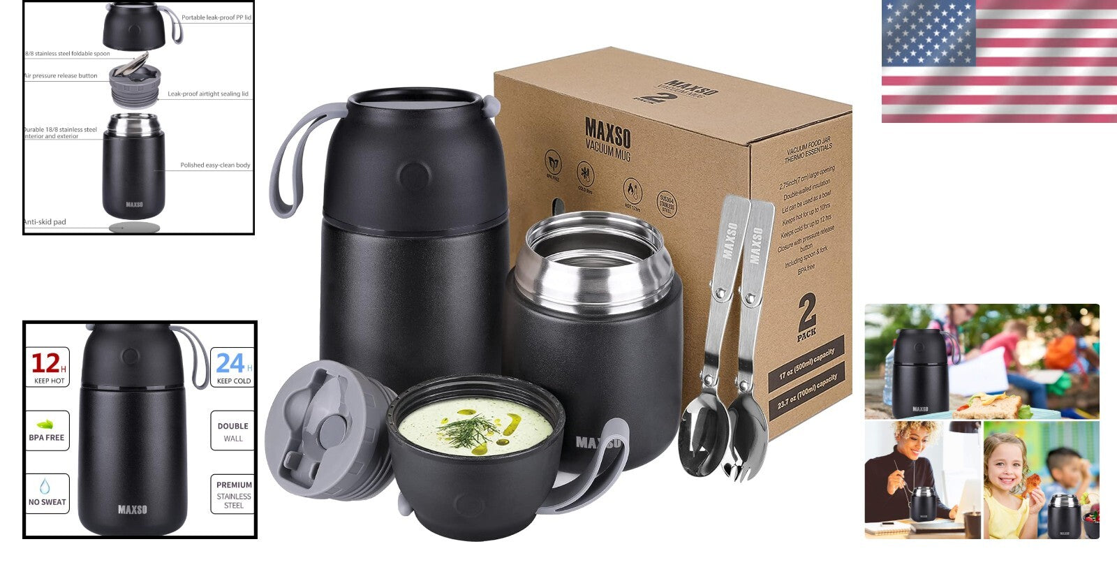 2-Pack Vacuum Insulated Food Jars - Black Thermal Lunch Containers for Travel