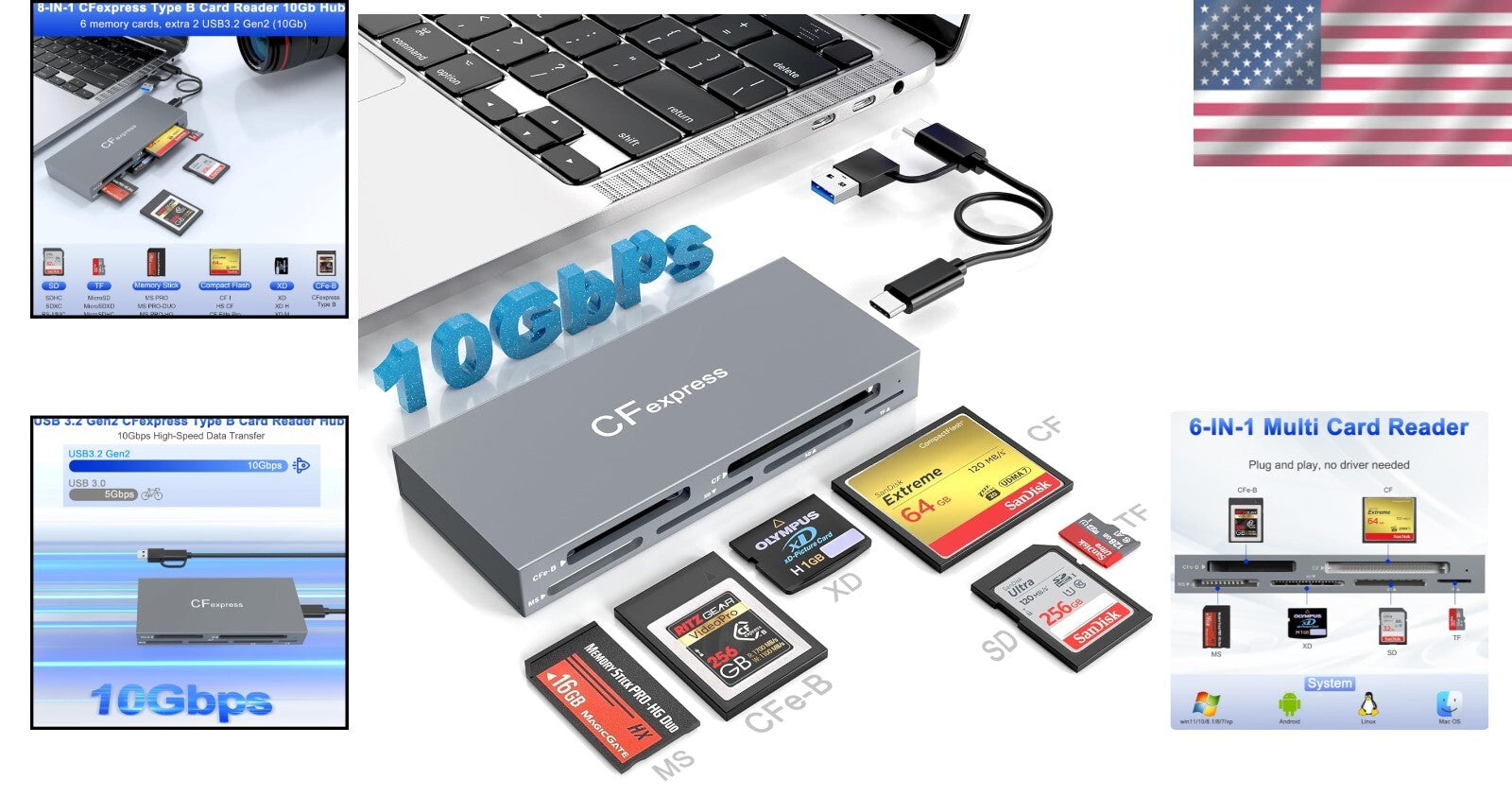 Compact 6-in-1 CFexpress Card Reader with USB 3.2 - Ideal for Photographers