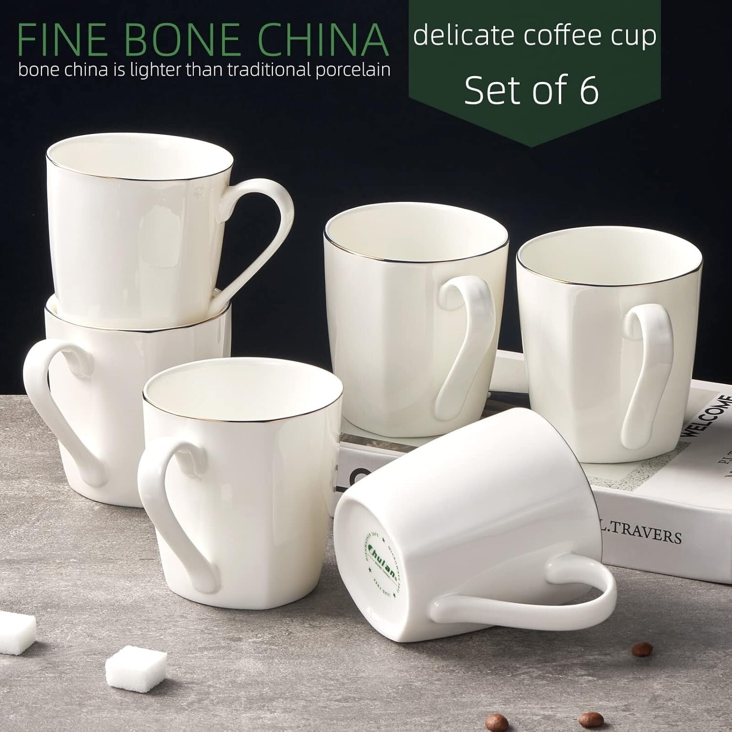 Elegant Set of 6 Gold Trim Fine Bone China Coffee Mugs - 10oz White Porcelain