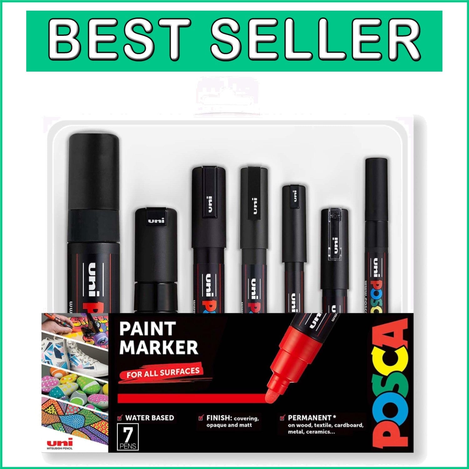 Full Black Pen Set of 7 with Contoured Grip & Chisel Tip for Smooth Writing